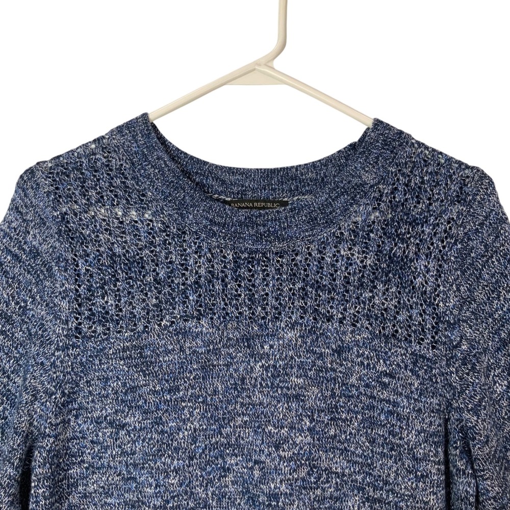 Banana Republic Blue Marled Knit Top M Pullover Crew Neck Short Sleeve Pointelle - Picture 2 of 6